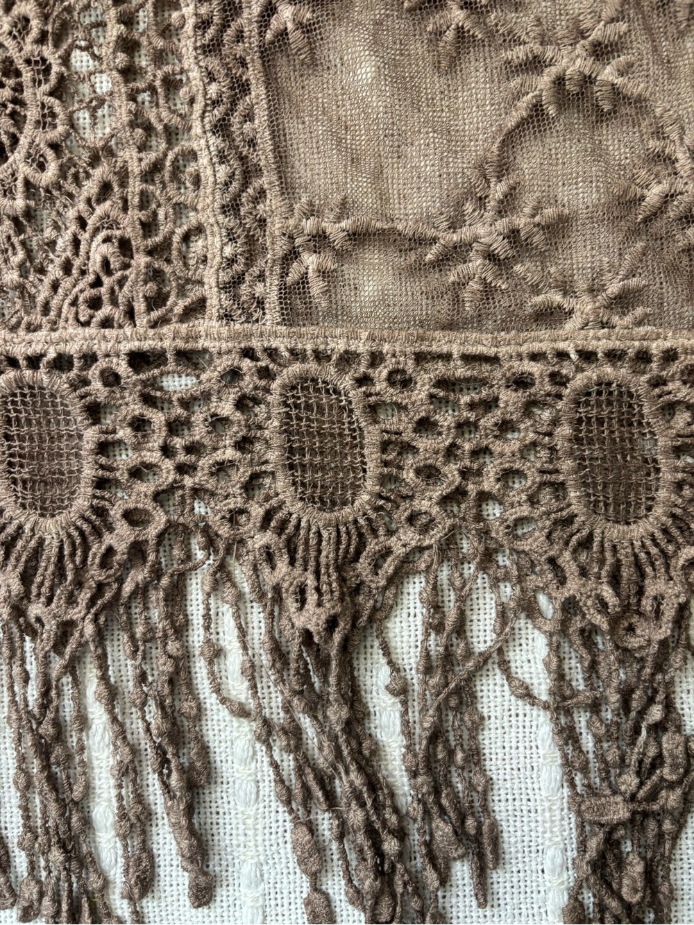 Boho Brown Crochet Lace Fringe Pullover Top Linen Blend Sheer Blouse Approx L/XL - Picture 8 of 13